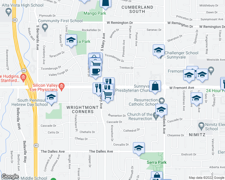 map of restaurants, bars, coffee shops, grocery stores, and more near 860 West Fremont Avenue in Sunnyvale