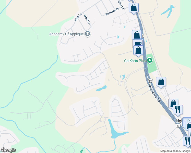 map of restaurants, bars, coffee shops, grocery stores, and more near 6516 Lloyds Ln in Williamsburg
