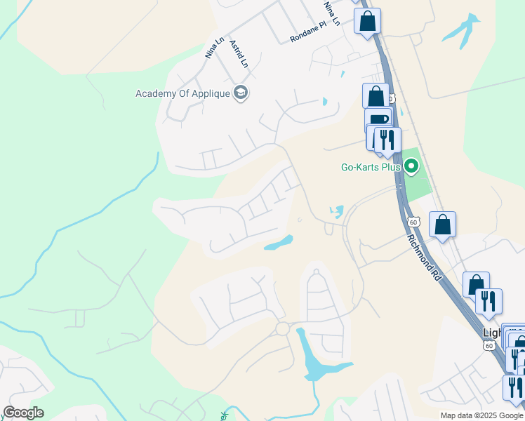map of restaurants, bars, coffee shops, grocery stores, and more near 6516 Lloyds Ln in Williamsburg