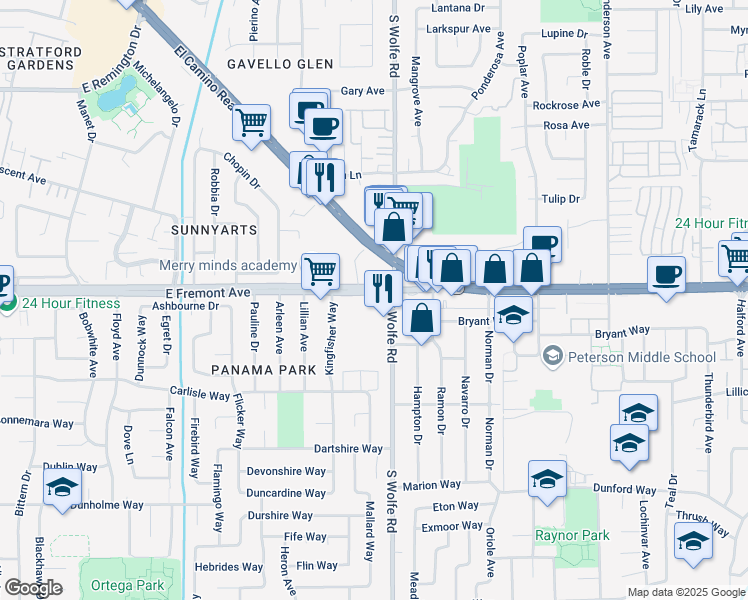 map of restaurants, bars, coffee shops, grocery stores, and more near 880 East Fremont Avenue in Sunnyvale