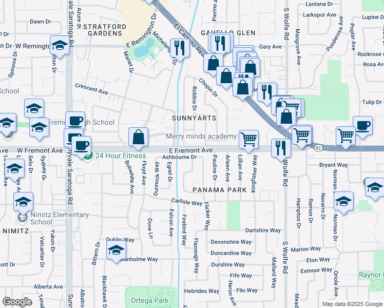 map of restaurants, bars, coffee shops, grocery stores, and more near 730 Ashbourne Drive in Sunnyvale