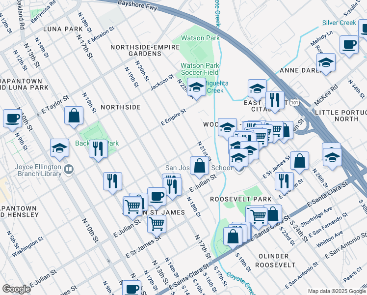 map of restaurants, bars, coffee shops, grocery stores, and more near 940 Washington Street in San Jose