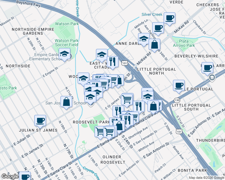 map of restaurants, bars, coffee shops, grocery stores, and more near 1266 East Julian Street in San Jose