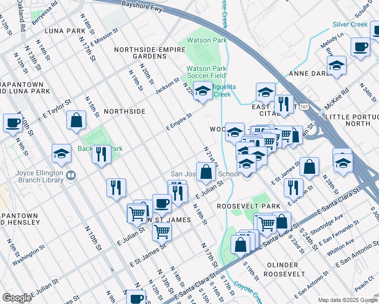map of restaurants, bars, coffee shops, grocery stores, and more near 940 Washington Street in San Jose