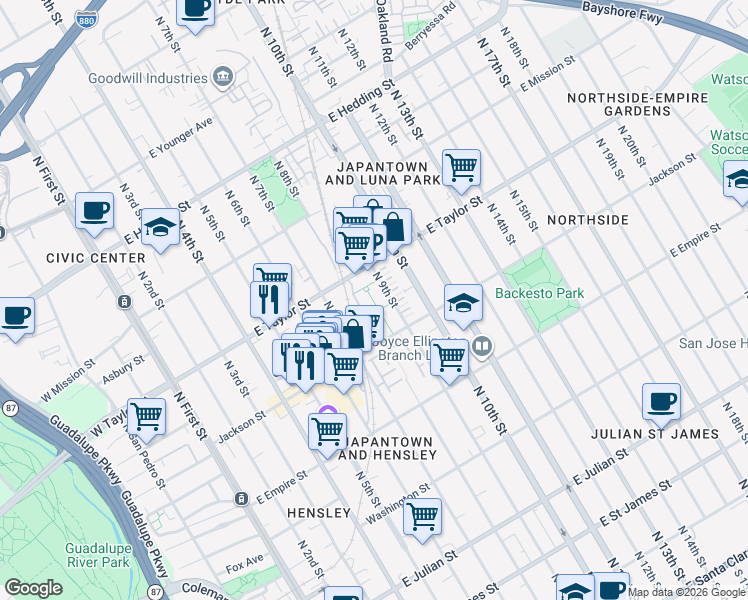 map of restaurants, bars, coffee shops, grocery stores, and more near 350 East Taylor Street in San Jose