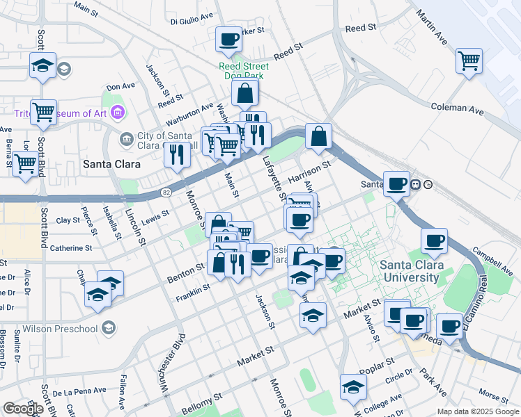 map of restaurants, bars, coffee shops, grocery stores, and more near 1179 Washington Street in Santa Clara
