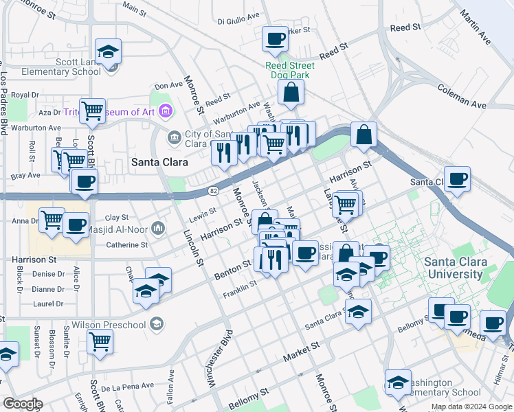map of restaurants, bars, coffee shops, grocery stores, and more near 1294 Jackson Street in Santa Clara