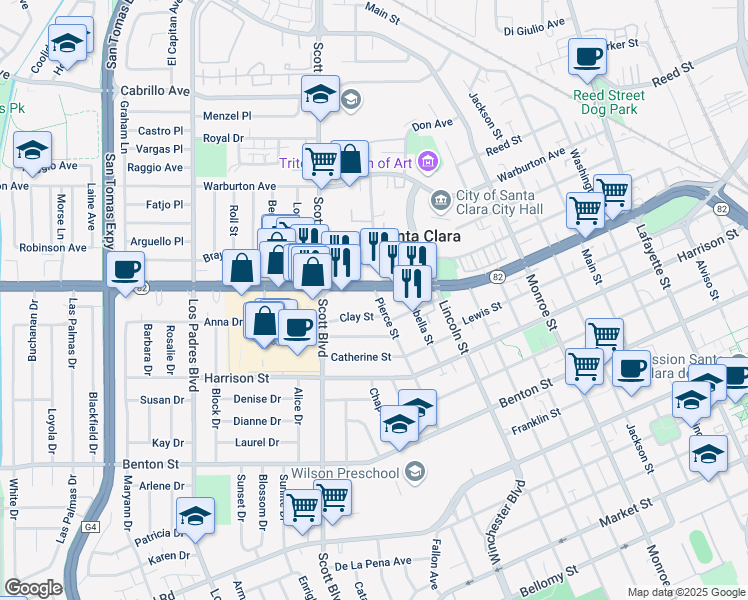 map of restaurants, bars, coffee shops, grocery stores, and more near 1849 Clay Street in Santa Clara