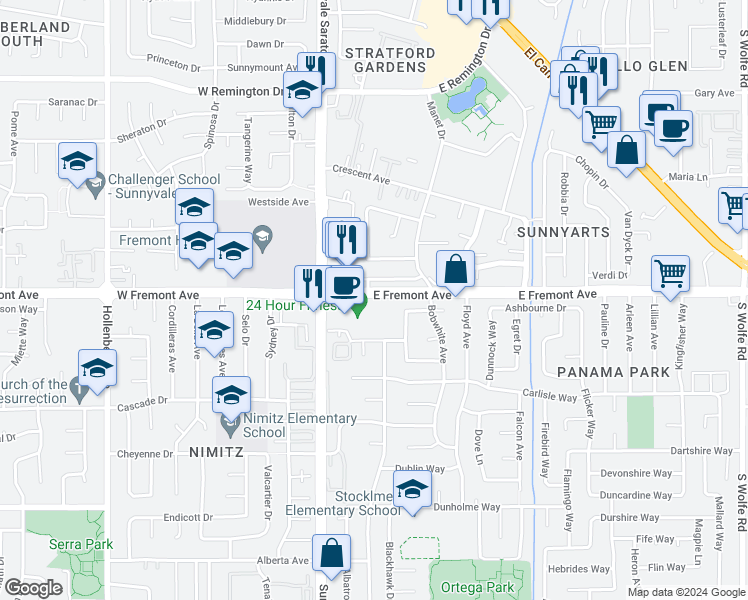 map of restaurants, bars, coffee shops, grocery stores, and more near 174 East Fremont Avenue in Sunnyvale