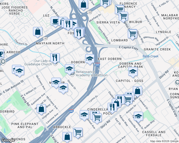 map of restaurants, bars, coffee shops, grocery stores, and more near 2248 Dobern Avenue in San Jose