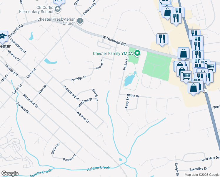map of restaurants, bars, coffee shops, grocery stores, and more near 12407 Mason Avenue in Chester