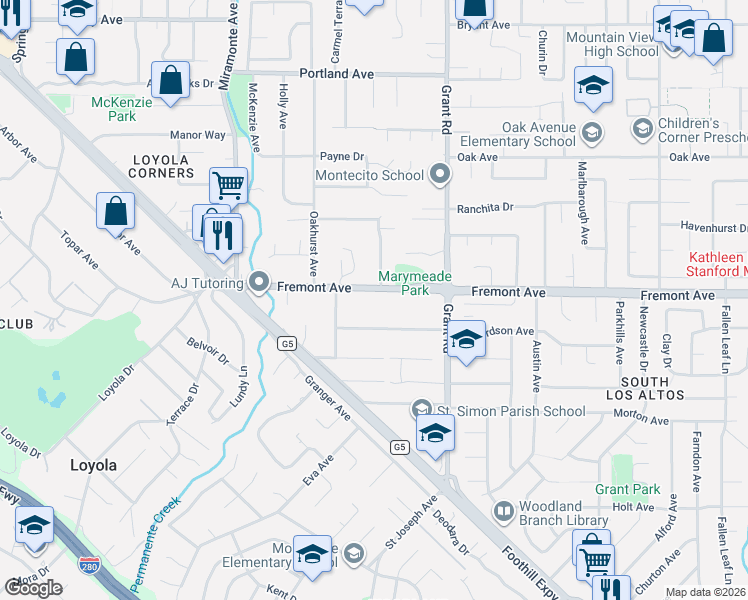map of restaurants, bars, coffee shops, grocery stores, and more near 1209 Richardson Avenue in Los Altos