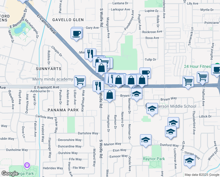 map of restaurants, bars, coffee shops, grocery stores, and more near 922 East Fremont Avenue in Sunnyvale