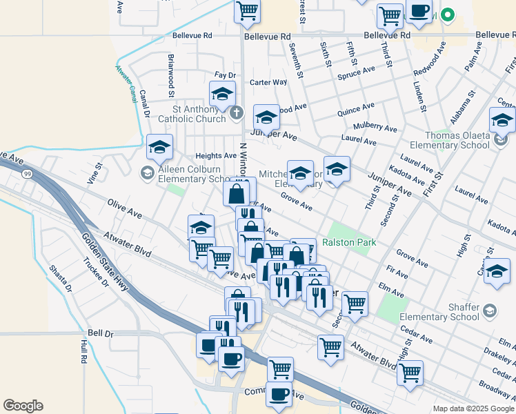 map of restaurants, bars, coffee shops, grocery stores, and more near 1789 Elm Avenue in Atwater