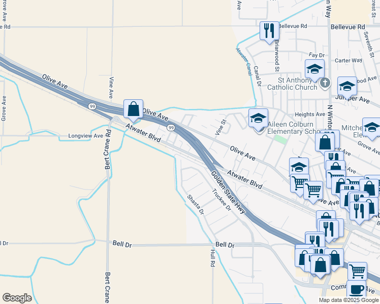 map of restaurants, bars, coffee shops, grocery stores, and more near 2579 Atwater Boulevard in Atwater