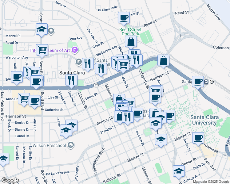map of restaurants, bars, coffee shops, grocery stores, and more near 1239 Harrison Street in Santa Clara