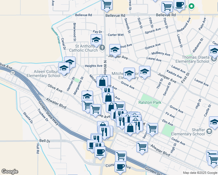 map of restaurants, bars, coffee shops, grocery stores, and more near 1812 Fir Avenue in Atwater