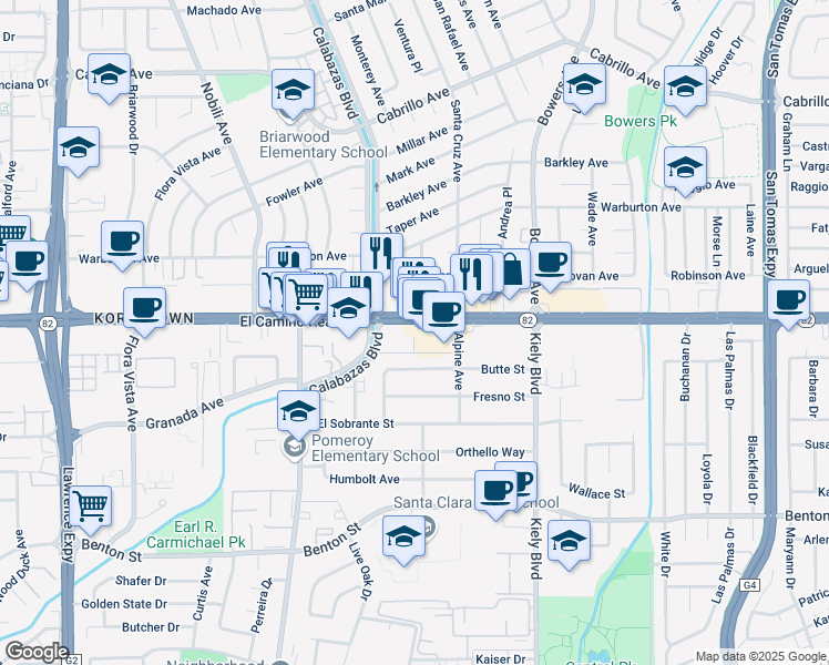 map of restaurants, bars, coffee shops, grocery stores, and more near 3148 El Camino Real in Santa Clara