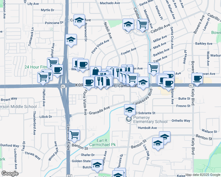 map of restaurants, bars, coffee shops, grocery stores, and more near 3399 Snively Avenue in Santa Clara