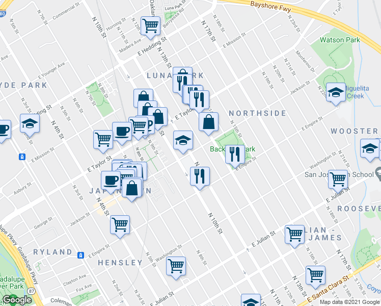 map of restaurants, bars, coffee shops, grocery stores, and more near North 11th Street in San Jose