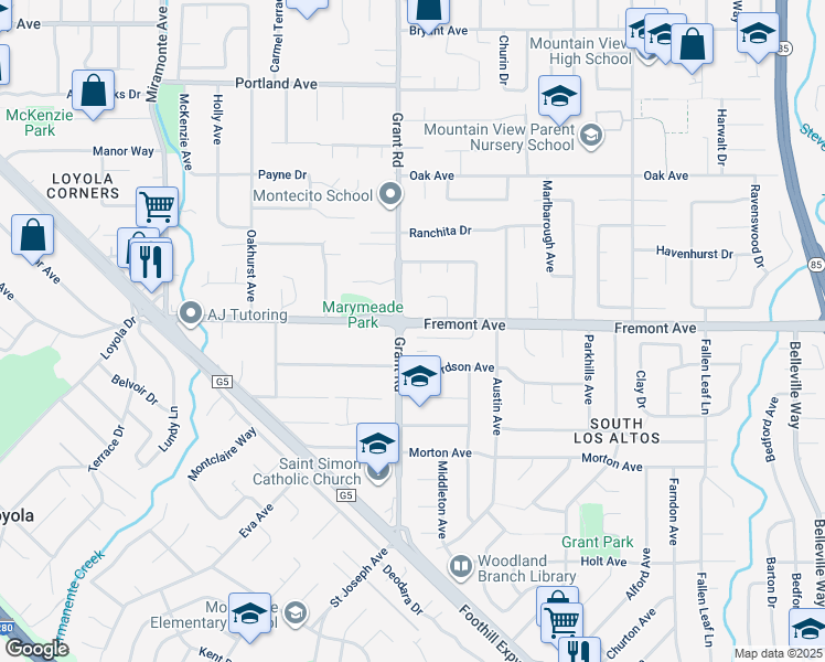 map of restaurants, bars, coffee shops, grocery stores, and more near 1315 Bright Oaks Court in Los Altos