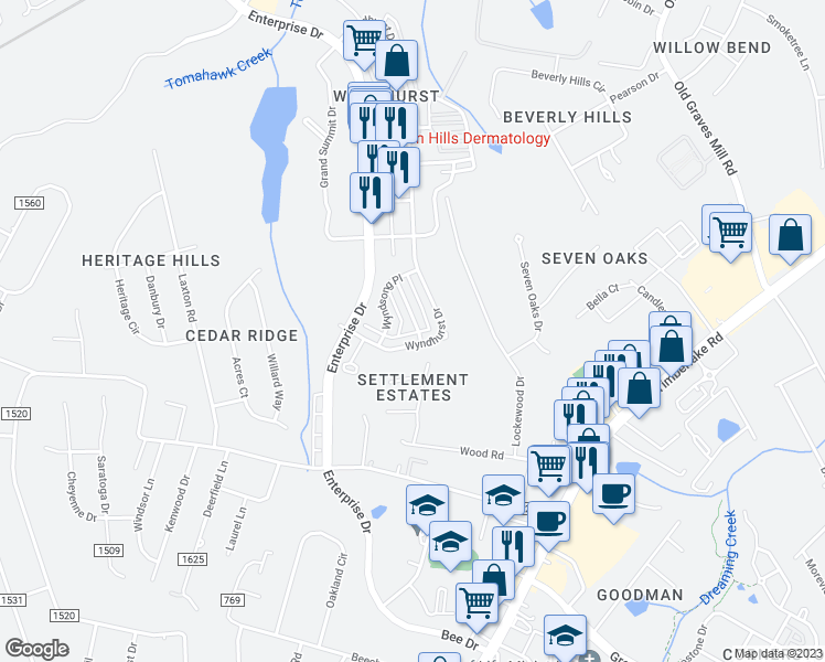 map of restaurants, bars, coffee shops, grocery stores, and more near 100 Wyndview Drive in Lynchburg
