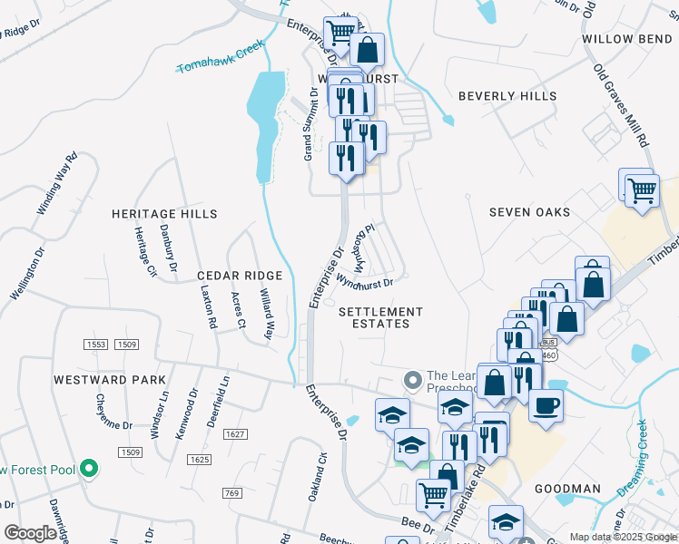 map of restaurants, bars, coffee shops, grocery stores, and more near 102 Wyndhurst Drive in Lynchburg
