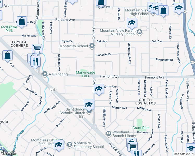 map of restaurants, bars, coffee shops, grocery stores, and more near 1315 Bright Oaks Court in Los Altos