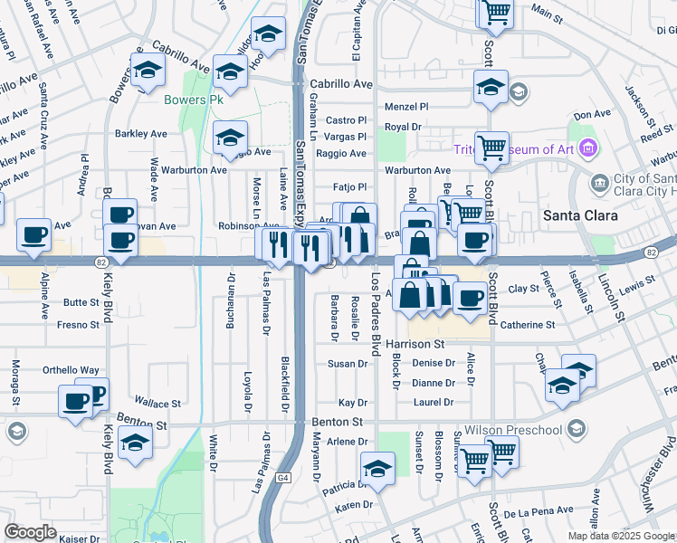 map of restaurants, bars, coffee shops, grocery stores, and more near 2457 Anna Drive in Santa Clara