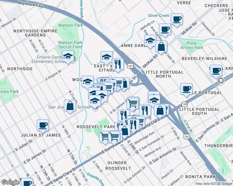 map of restaurants, bars, coffee shops, grocery stores, and more near 1266 East Julian Street in San Jose
