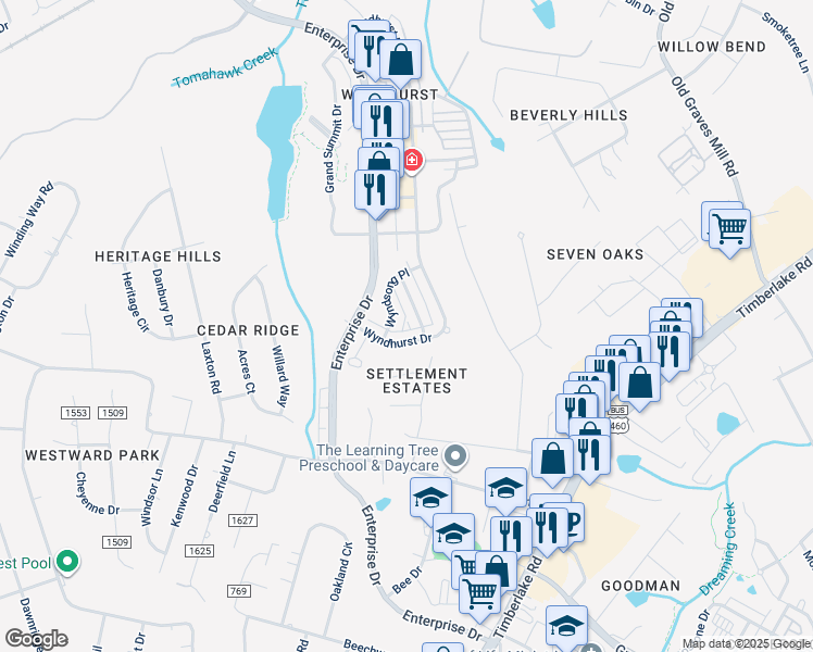 map of restaurants, bars, coffee shops, grocery stores, and more near 97 Wyndsong Place in Lynchburg