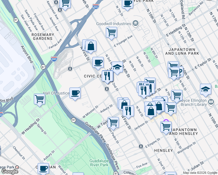 map of restaurants, bars, coffee shops, grocery stores, and more near 832 North 1st Street in San Jose