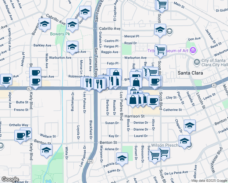 map of restaurants, bars, coffee shops, grocery stores, and more near 2457 Anna Drive in Santa Clara