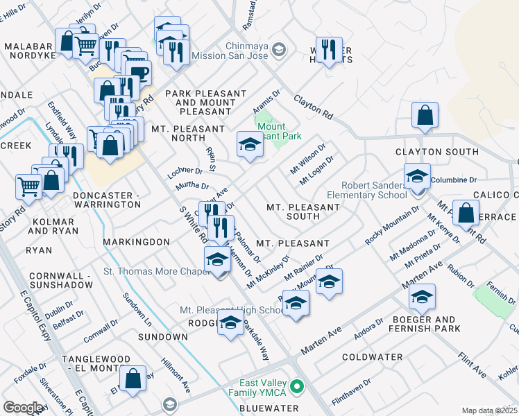 map of restaurants, bars, coffee shops, grocery stores, and more near 1452 Lochner Drive in San Jose