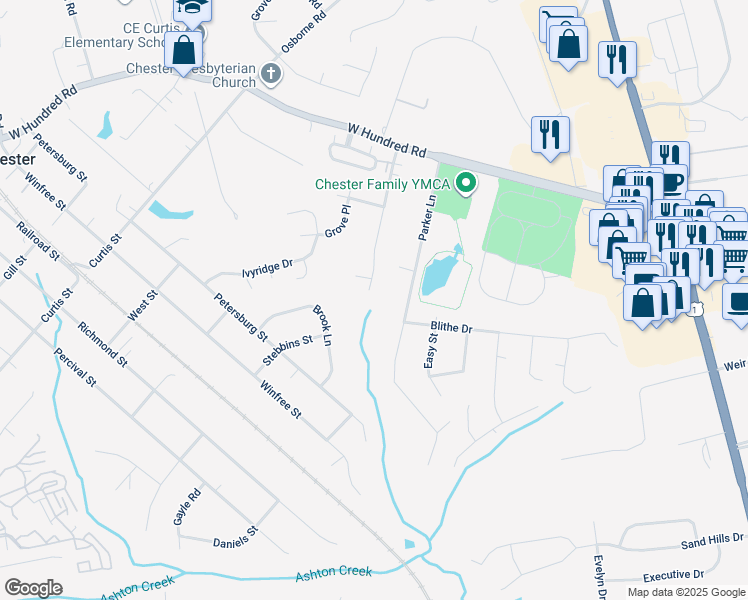 map of restaurants, bars, coffee shops, grocery stores, and more near 12407 Mason Avenue in Chester