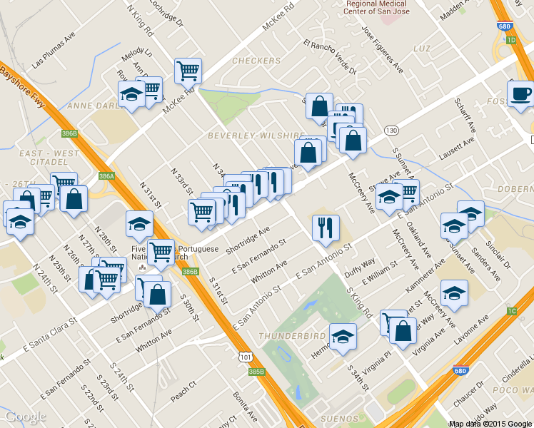 map of restaurants, bars, coffee shops, grocery stores, and more near 15 North 34th Street in San Jose