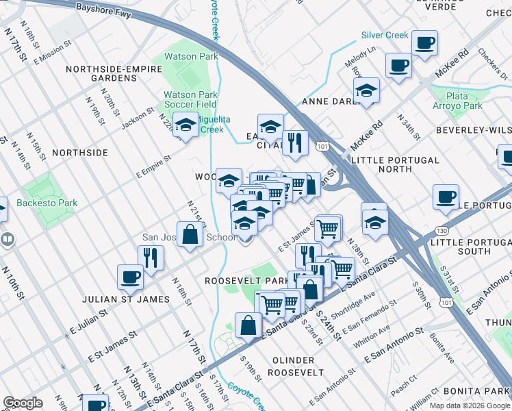 map of restaurants, bars, coffee shops, grocery stores, and more near 364 Coyote Creek Circle in San Jose
