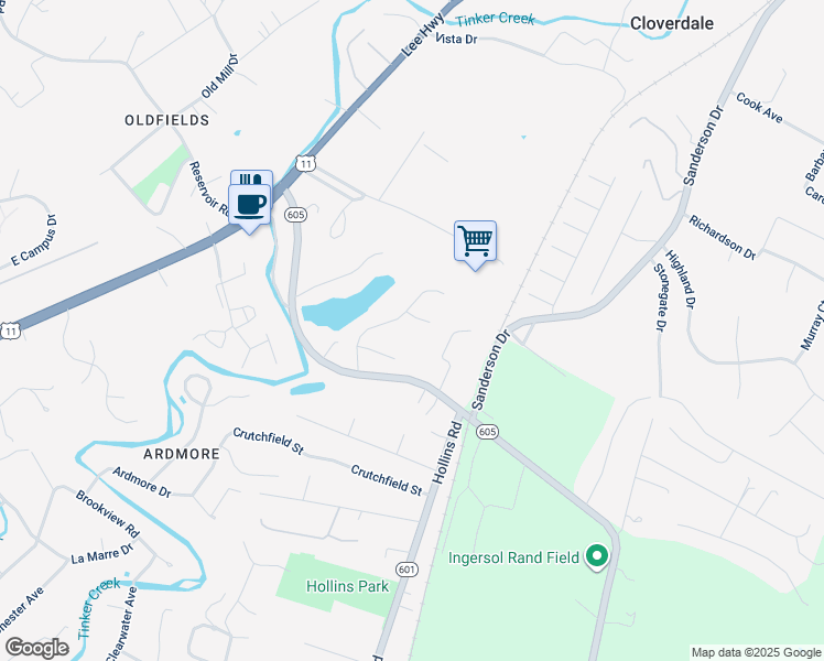 map of restaurants, bars, coffee shops, grocery stores, and more near 8213 Sundance Circle in Hollins