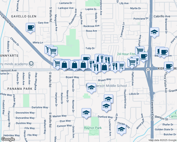 map of restaurants, bars, coffee shops, grocery stores, and more near 1008 East El Camino Real in Sunnyvale