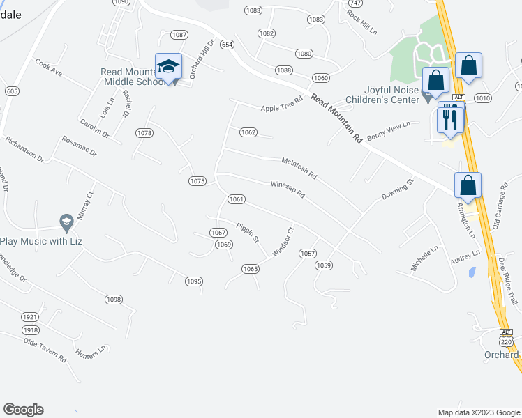 map of restaurants, bars, coffee shops, grocery stores, and more near 581 State Route 1061 in Roanoke