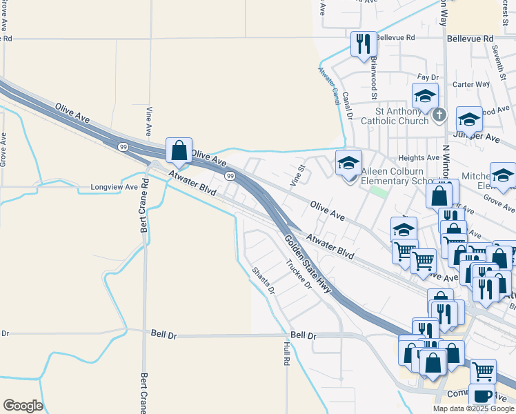 map of restaurants, bars, coffee shops, grocery stores, and more near 2579 Atwater Boulevard in Atwater