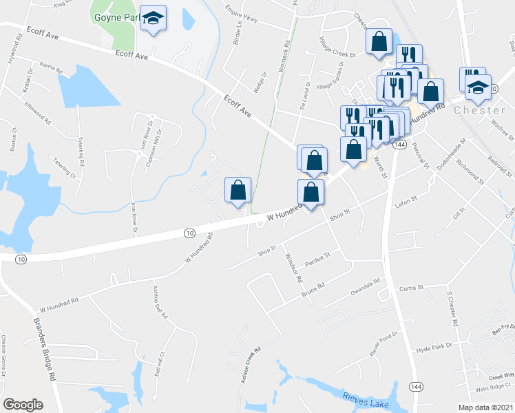 map of restaurants, bars, coffee shops, grocery stores, and more near 4830 West Hundred Road in Chester