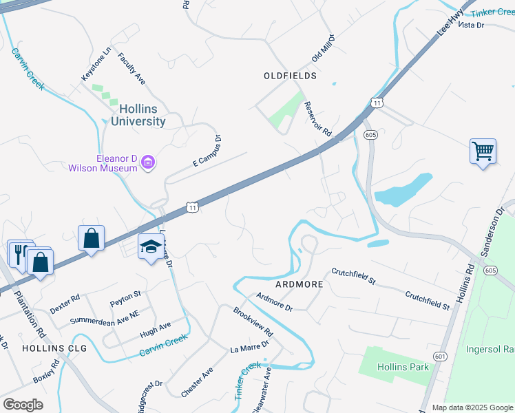 map of restaurants, bars, coffee shops, grocery stores, and more near 8031 Williamson Road in Hollins