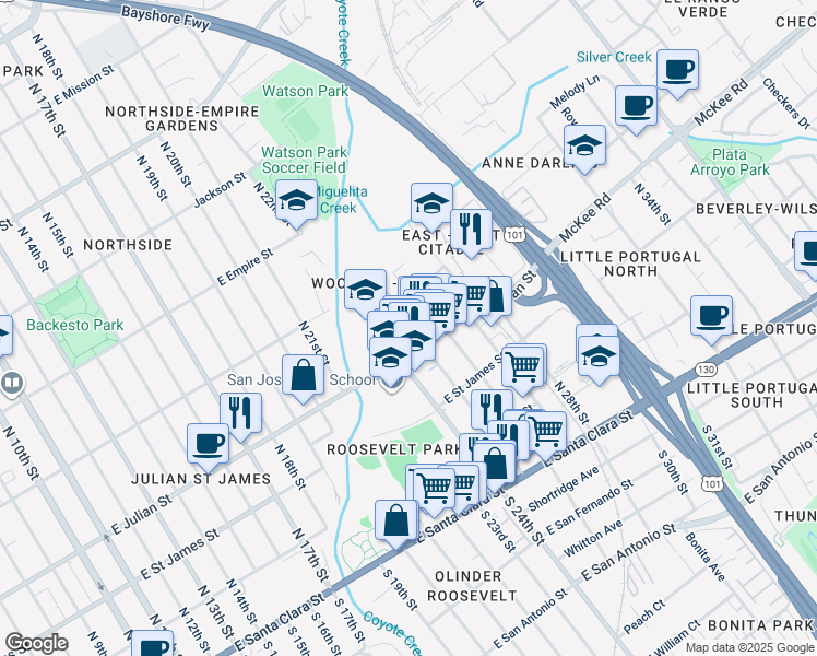 map of restaurants, bars, coffee shops, grocery stores, and more near 482 Coyote Creek Circle in San Jose