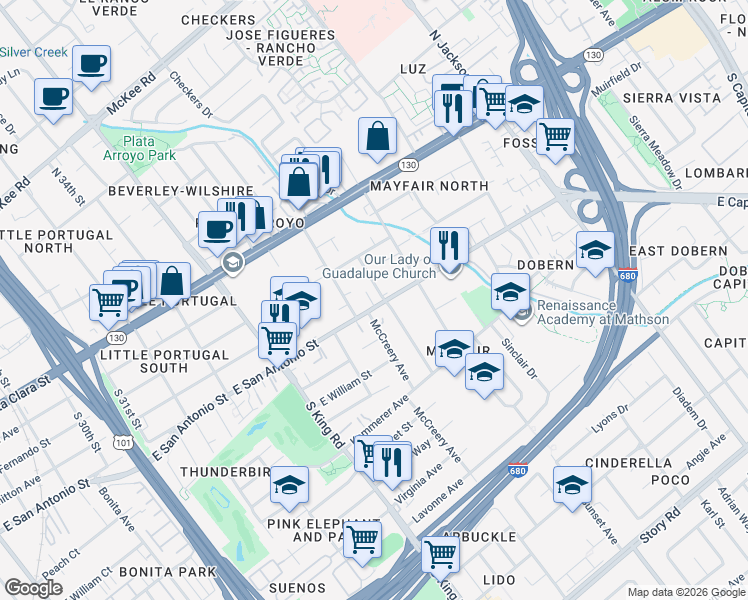 map of restaurants, bars, coffee shops, grocery stores, and more near 1889 East San Antonio Street in San Jose