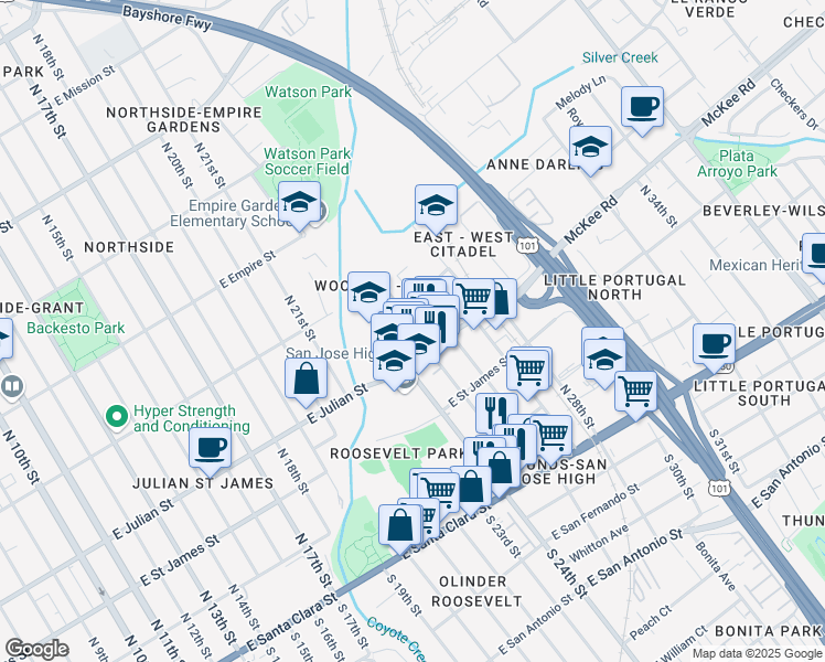 map of restaurants, bars, coffee shops, grocery stores, and more near 482 Coyote Creek Circle in San Jose