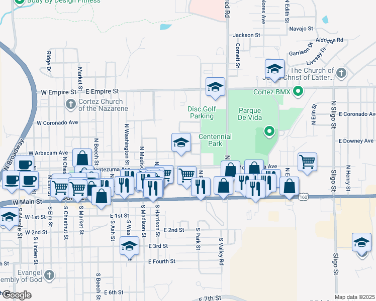 map of restaurants, bars, coffee shops, grocery stores, and more near 783 Aspen Drive in Cortez