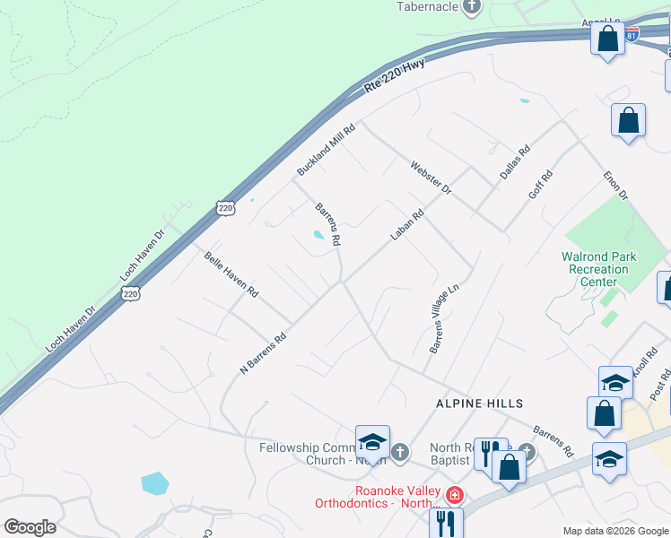 map of restaurants, bars, coffee shops, grocery stores, and more near 8308 Barrens Road in Hollins