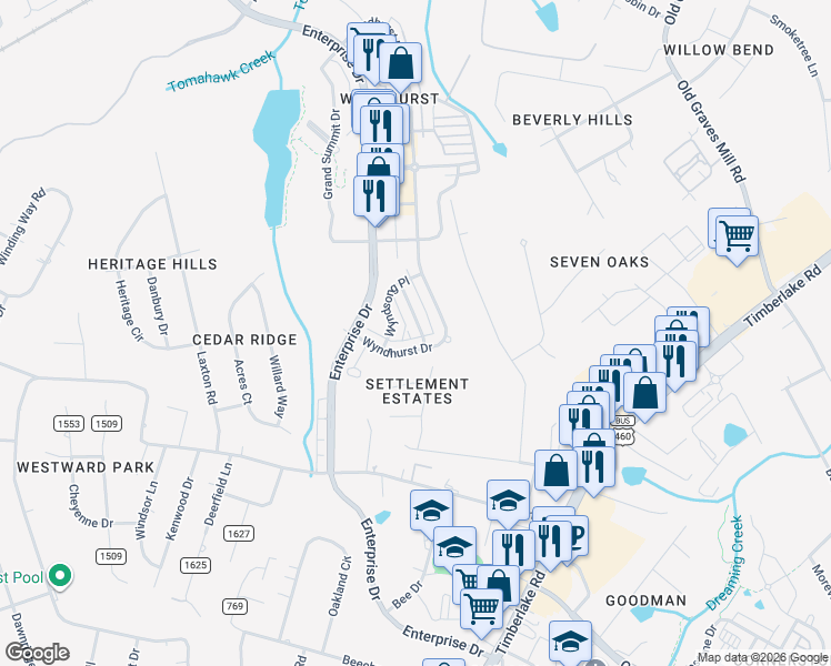 map of restaurants, bars, coffee shops, grocery stores, and more near 213-215 Wyndhurst Drive in Lynchburg