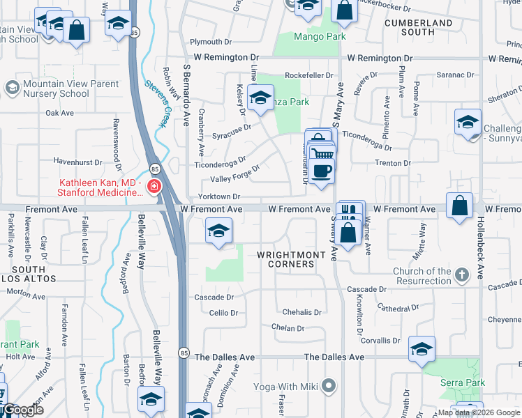 map of restaurants, bars, coffee shops, grocery stores, and more near W Fremont Ave & Wright Ave in Sunnyvale